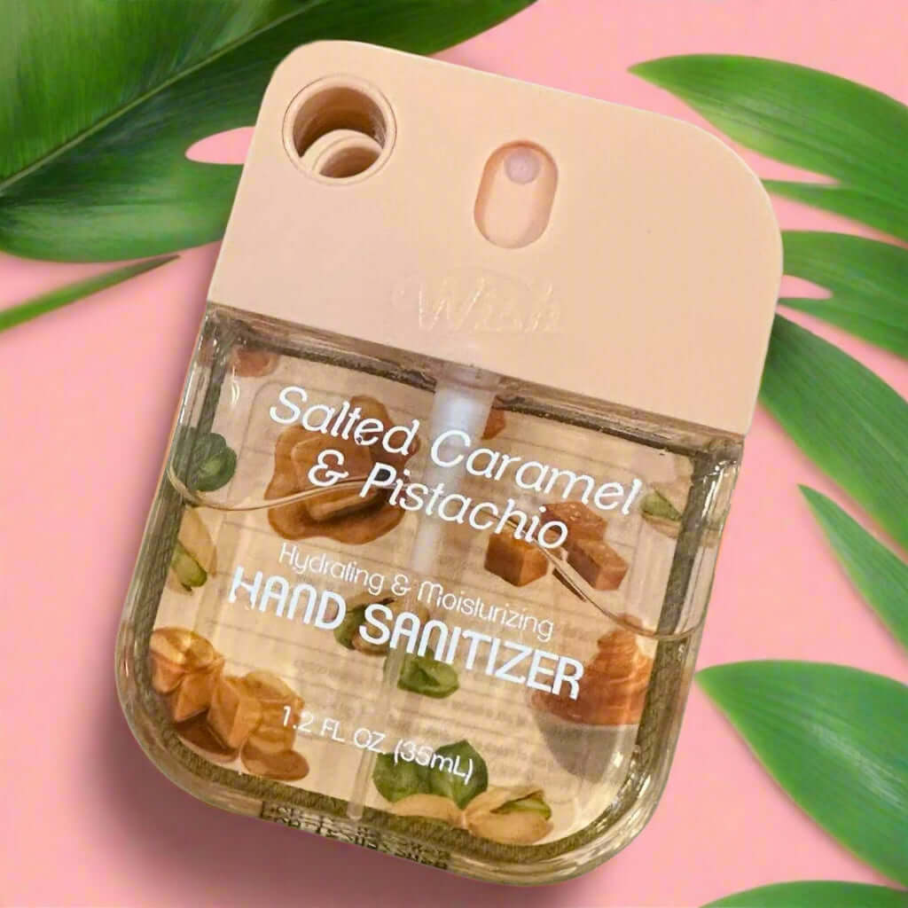WISH Hand Sanitizer in Salted Caramel & Pistachio scent, 1.2 oz, hydrating and moisturizing, perfect for freshening hands.