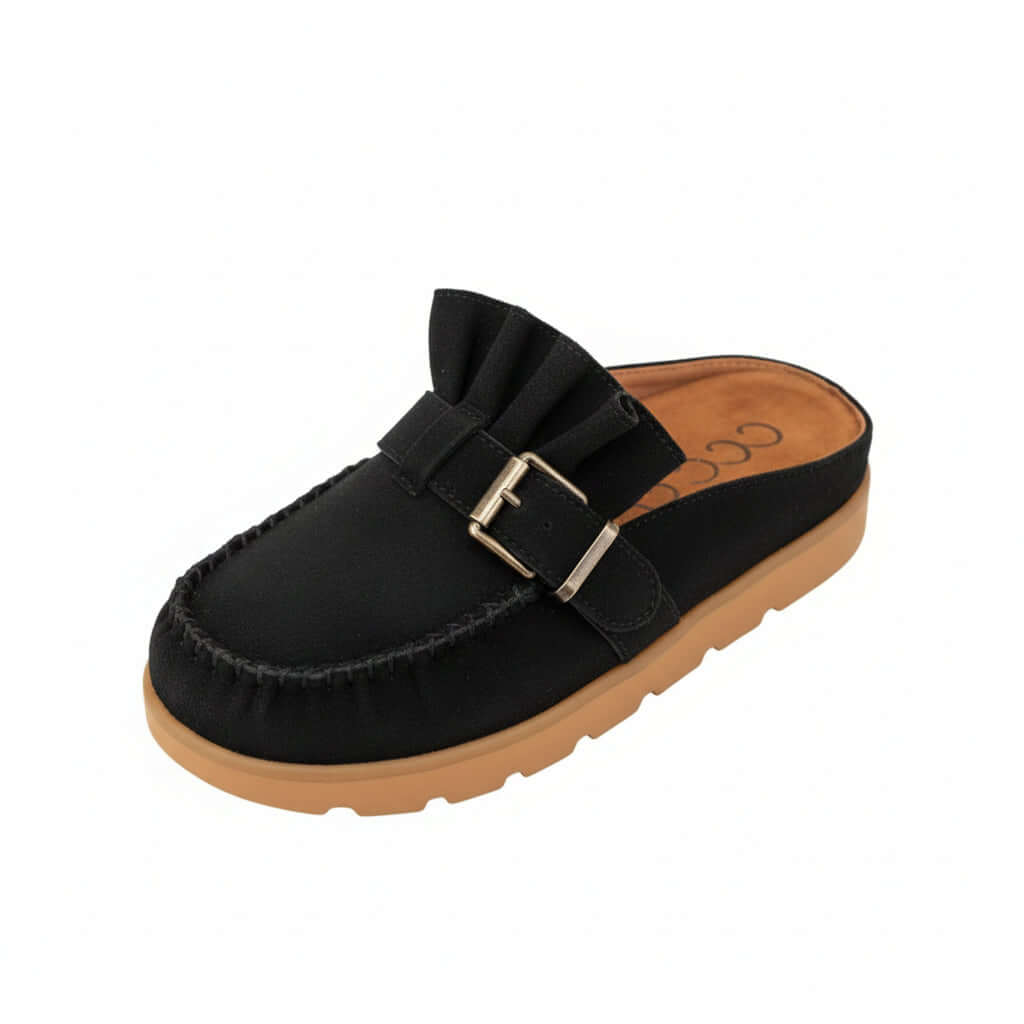 LAIDBACK LUXE SLIDES (black) stylish slip-on moccasin mule with ruffle design and chic buckle.