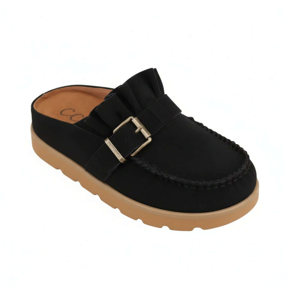 LAIDBACK LUXE SLIDES (black) - chic comfort slip-on moccasin mule with stylish buckle detail.