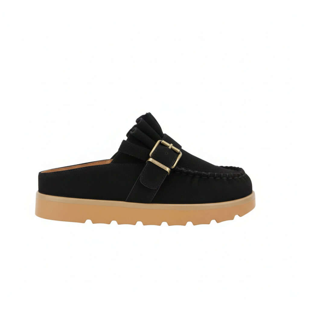 LAIDBACK LUXE SLIDES (black) stylish slip-on moccasin mule with ruffle design and cushioned sole.