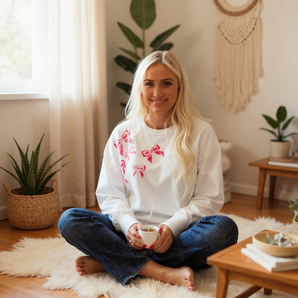 Woman in a cozy setting wearing the DARLING DETAILS TOP with sequin bowknot design, enjoying a cup of tea.