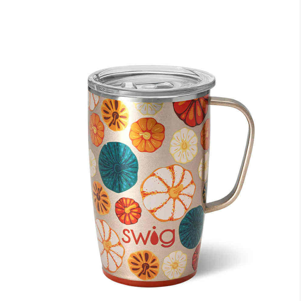 SWIG FALL HARVEST TRAVEL MUG 18 oz with colorful pumpkin print and lid on the side, perfect for autumn drinks.