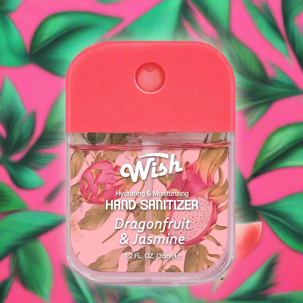 WISH Hand Sanitizer in Dragonfruit & Jasmine scent, hydrating and moisturizing formula, 35ml bottle with floral design.