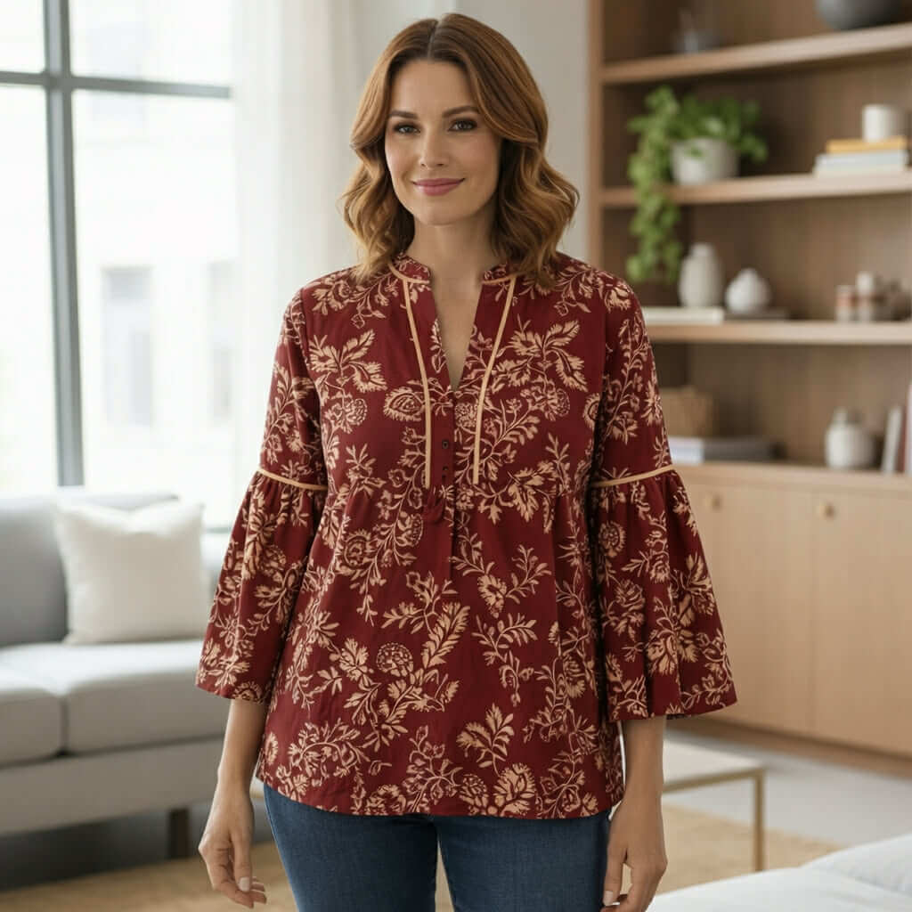TIMELESS CHARM - Umgee (burgundy) floral top with 3/4 sleeves, perfect for stylish workdays and polished casual wear.