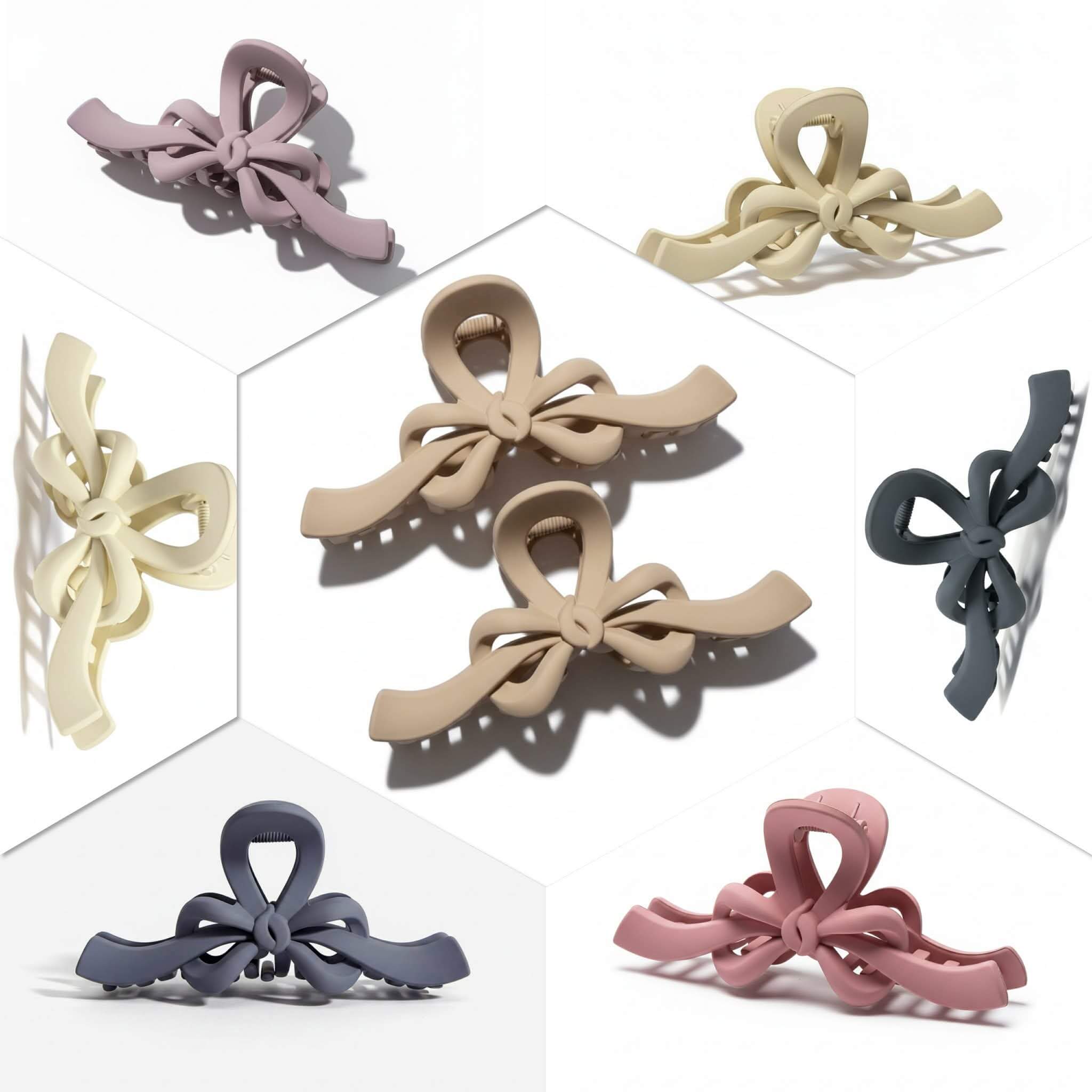RIBBON REVIVAL HAIR CLIP (7 colors) - Matte bow claw clips in various shades displayed artistically.