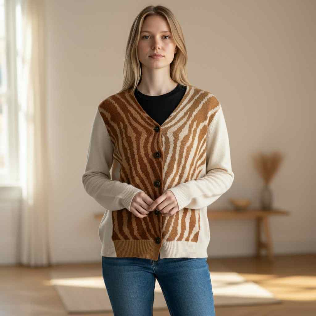 Model wearing UNTAMED AUTUMN SWEATER with animal print and lightweight comfort, showcasing a super cute and comfy style.