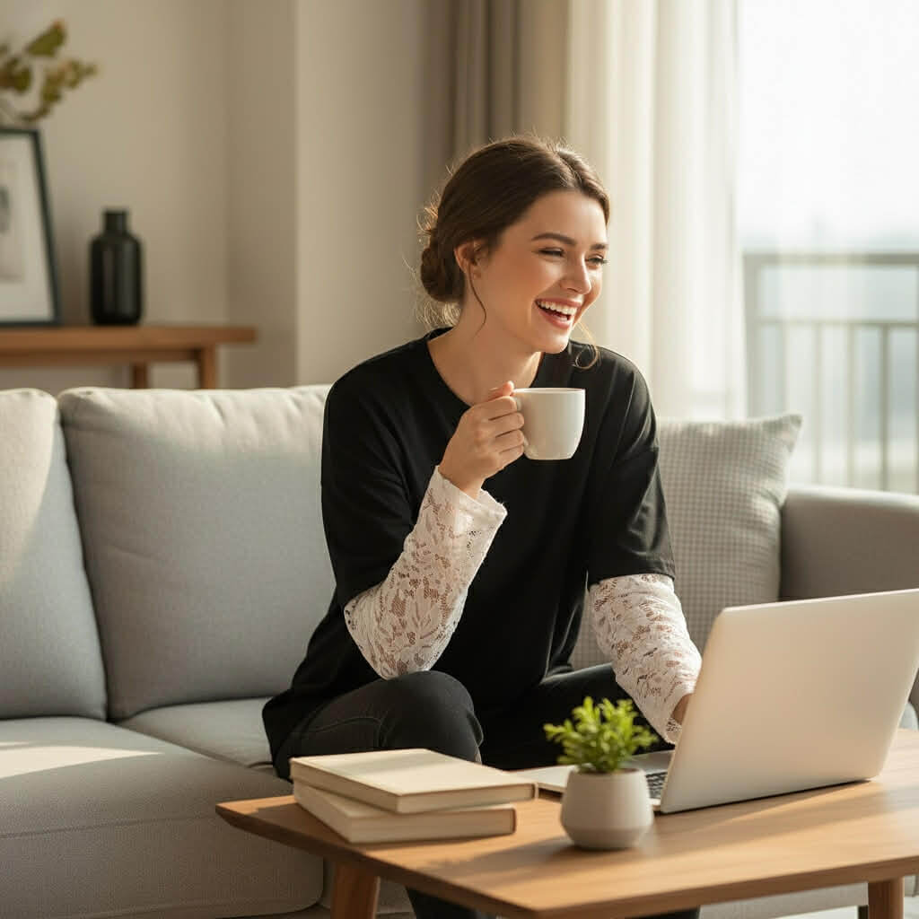 Woman enjoying coffee while wearing COFFEE & CREAM TOP, featuring black tee and lace long sleeves.