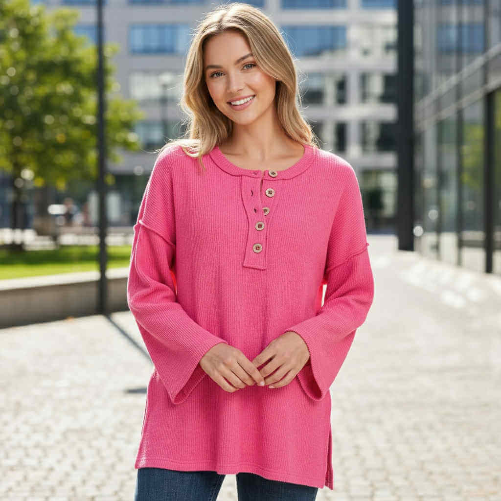CASUAL CHARM TOP - Zenana in pink with relaxed henley neckline and bell sleeves, perfect for casual chic style.