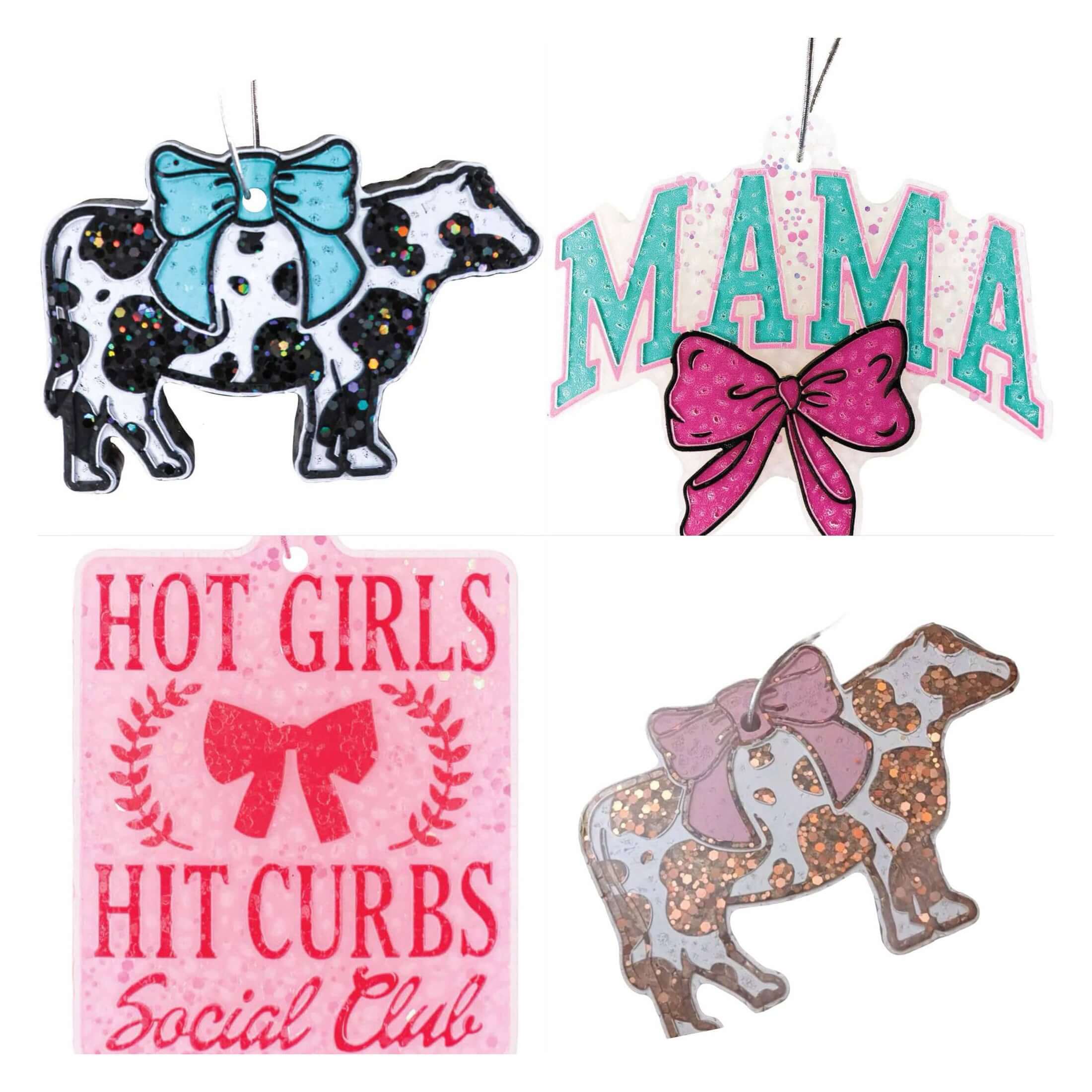 Simply Southern Freshiez air fresheners featuring cow and bow designs, vibrant colors perfect for car and home scents.