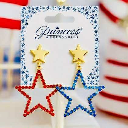 Star Spangled Sparkle Earrings by Princess Accessories in red and blue with gold-tone star studs.