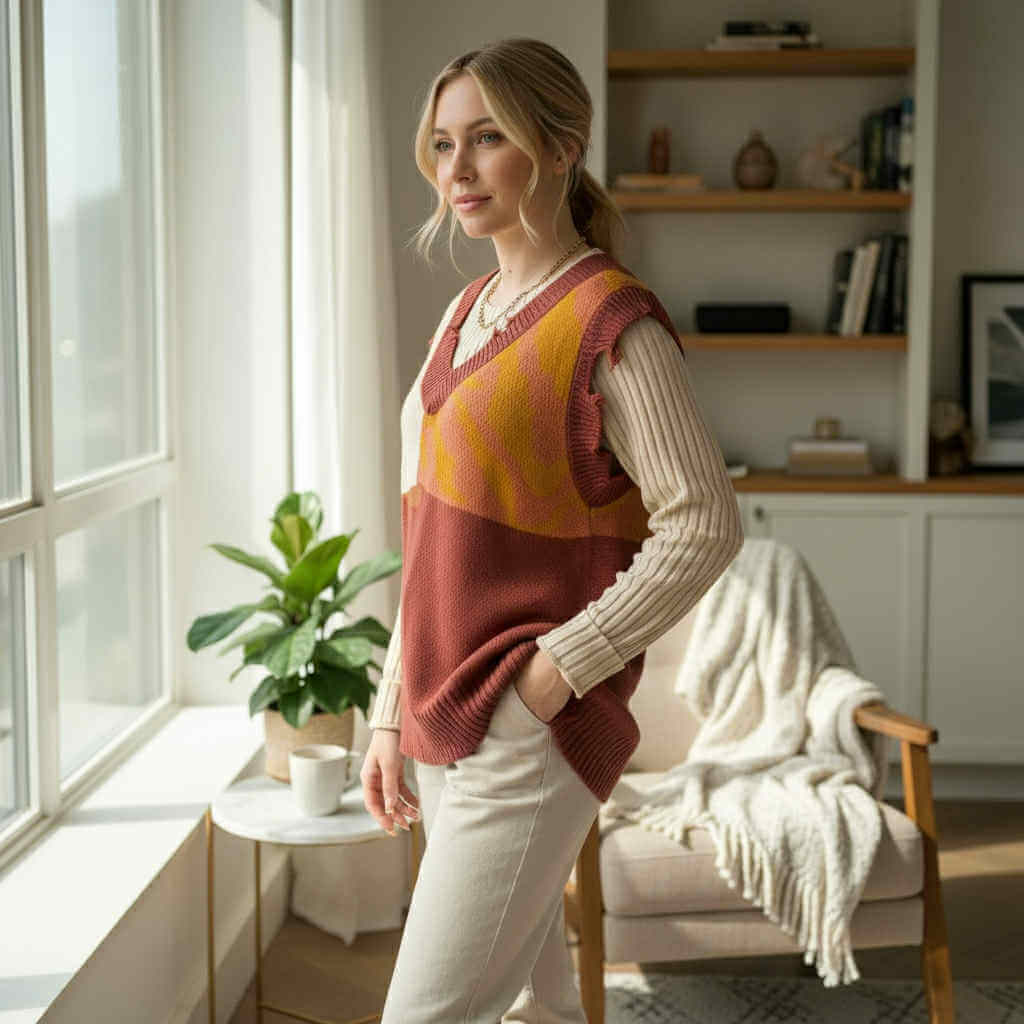 Model wearing WILD HARVEST VEST - Umgee in a cozy setting, showcasing the brick red patchwork design.