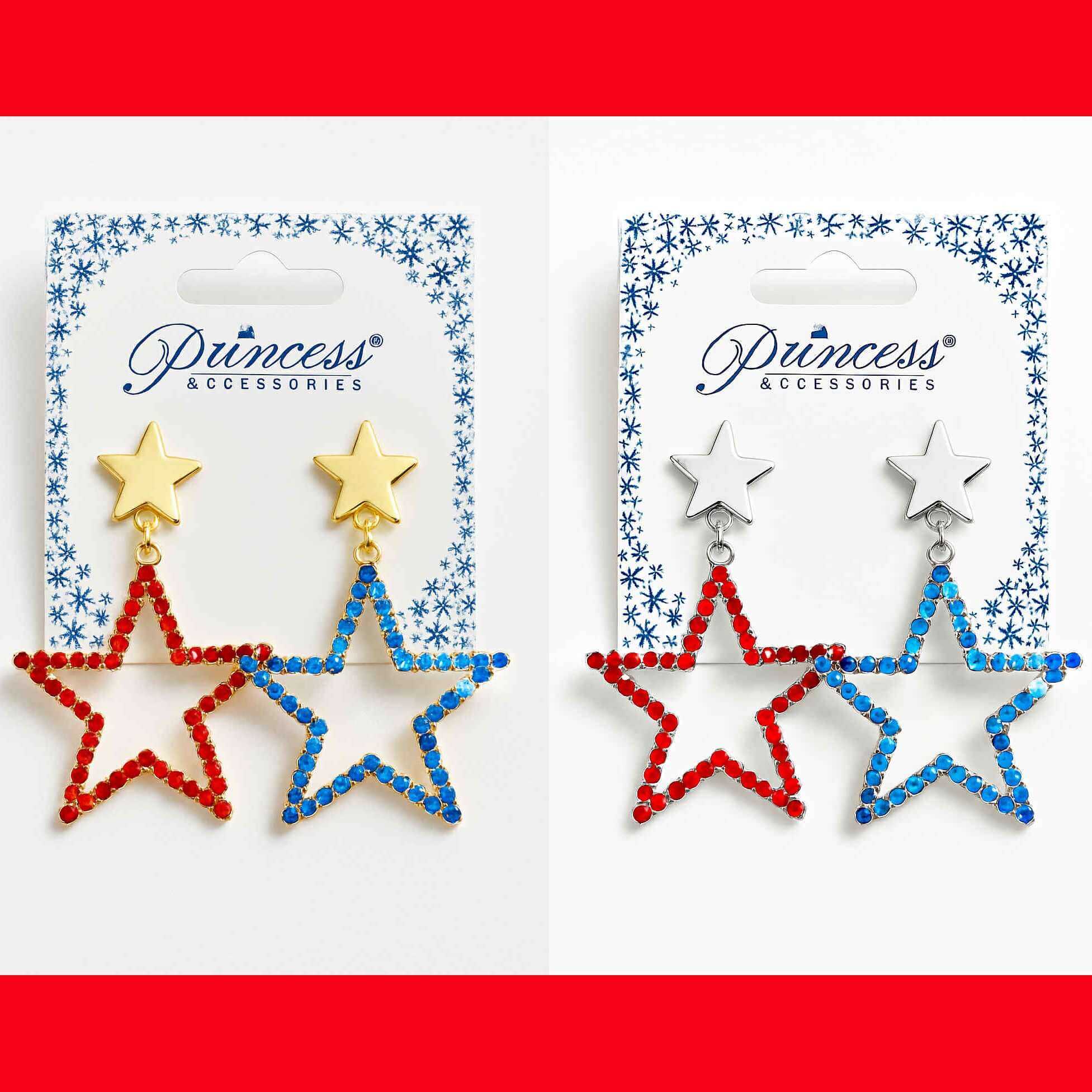 Star Spangled Sparkle earrings by Princess Accessories in gold and silver-tone with red and blue rhinestones.