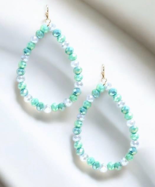 Faith Beaded Teardrop Earrings featuring delicate green and blue beads for elegant style.