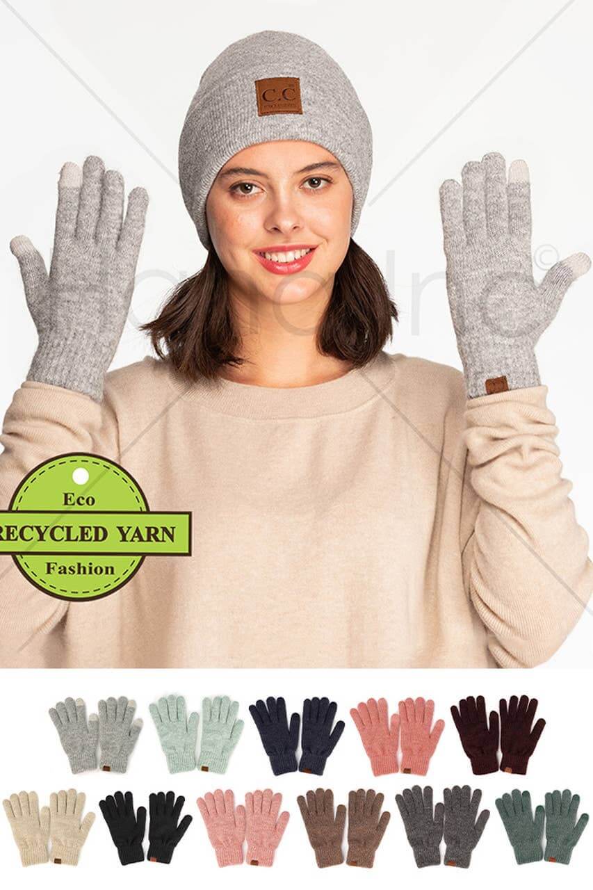 C.C. winter gloves and beanie made from recycled yarn, available in multiple colors for ultimate warmth and comfort.