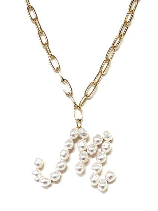 PEARL ESSENCE MONOGRAM NECKLACE by Avenue Zoe with pearls on gold-tone chain, perfect for gifting or personal use.
