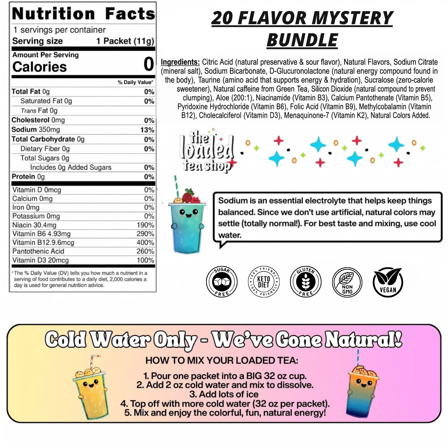 Loaded Tea Shop Drink Packets nutrition facts and mixing instructions for 20 flavor mystery bundle.