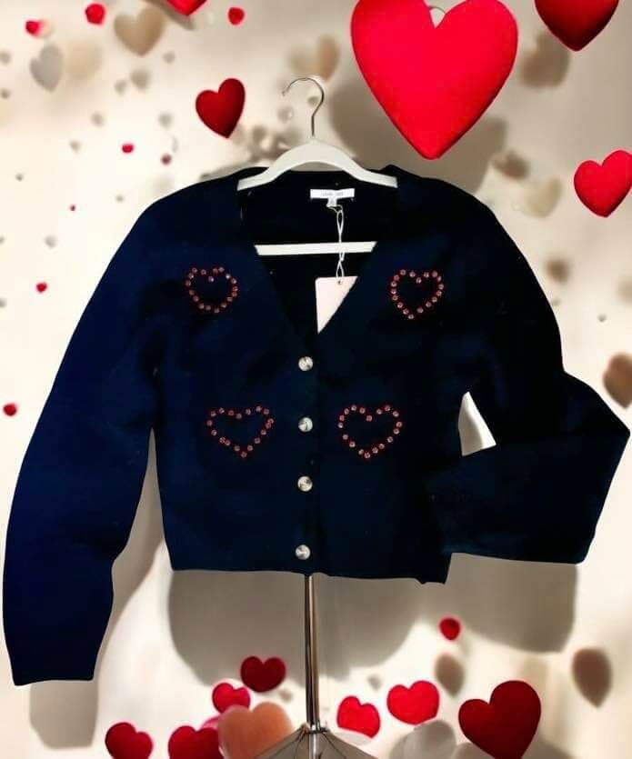 Give You My Heart Sweater by Love Tree, featuring red rhinestone hearts on a stylish navy fabric background.