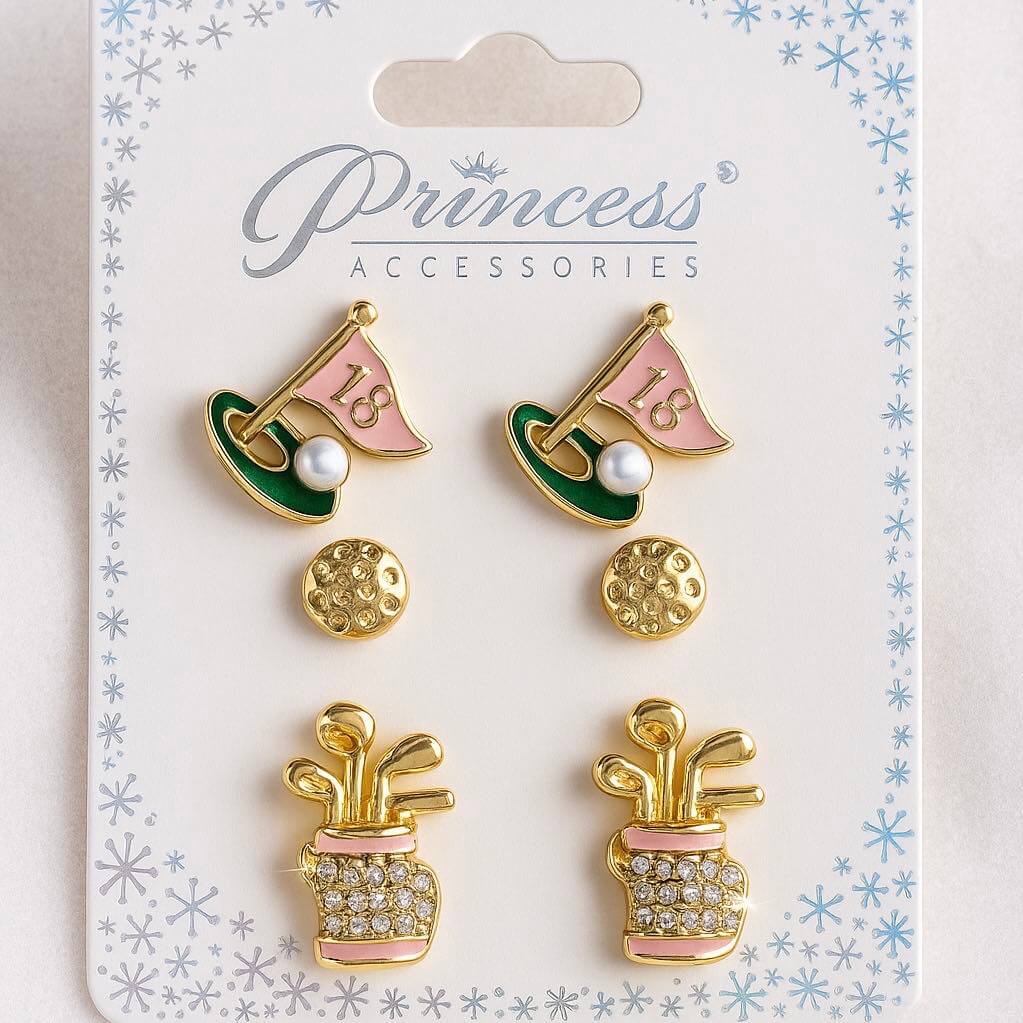 Golf-inspired earring set featuring flag and golf ball designs, perfect for sporty-chic style.
