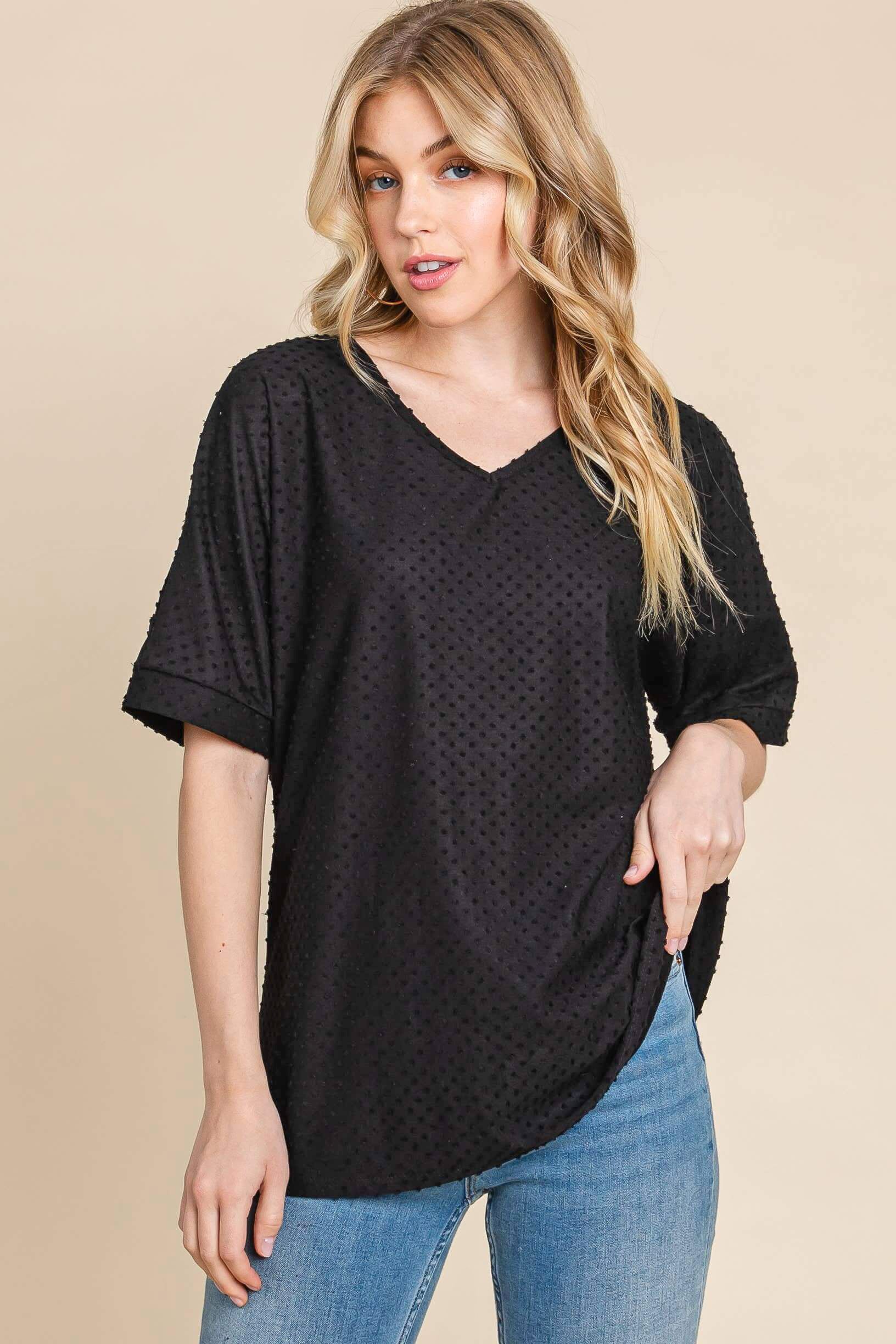 Midnight Moments Top in black featuring a relaxed fit and tufted Swiss dot texture, perfect for work or casual outings.