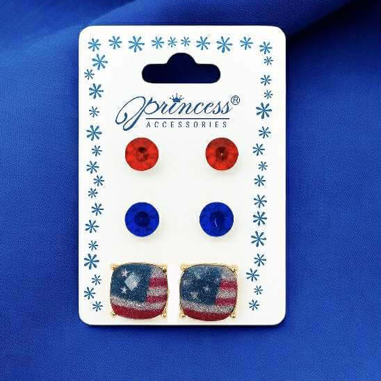 Freedom Trio Earring Set with red, blue, and flag-themed studs on a display card by Princess Accessories.