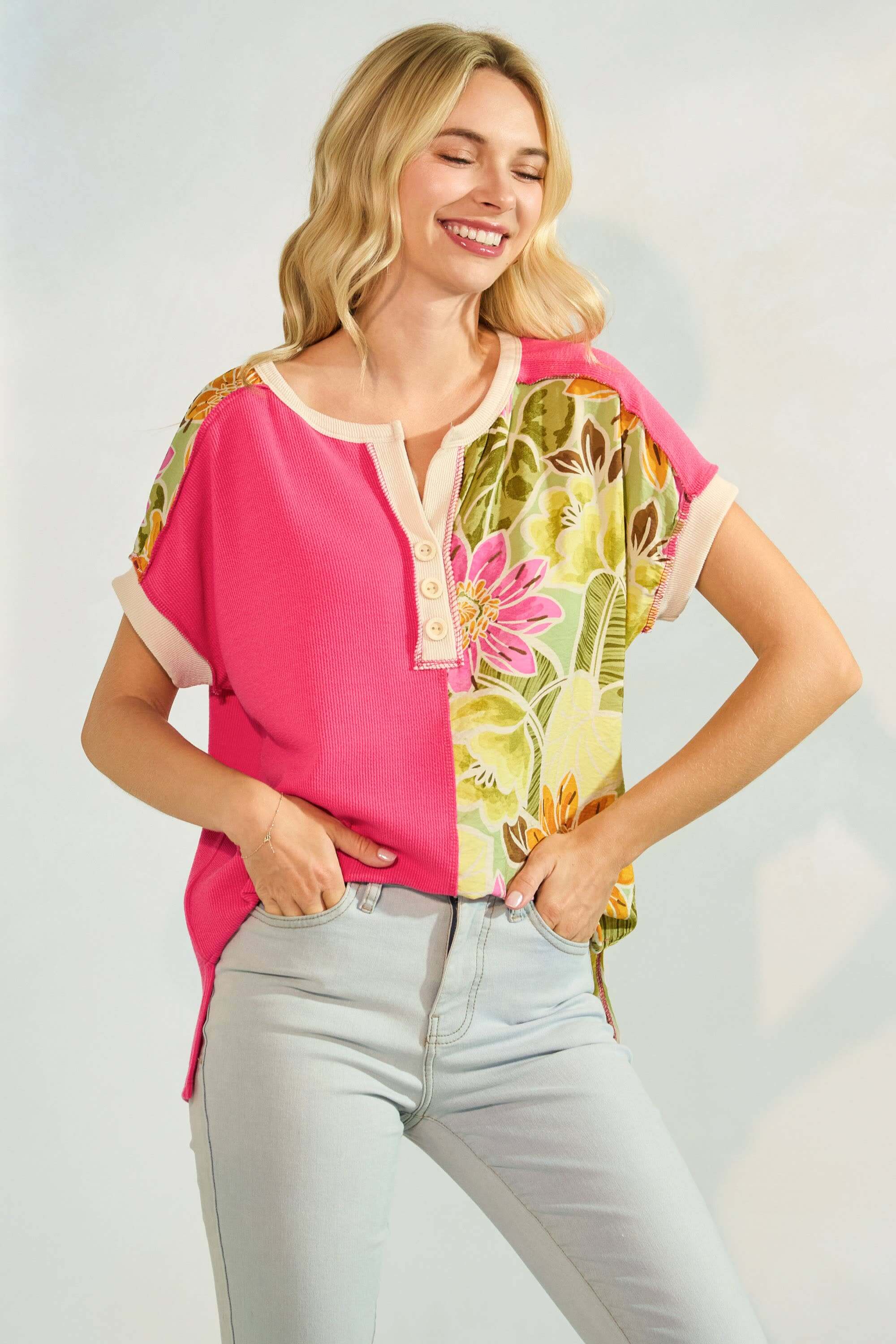 Fuschia Weekend Getaway Top with floral colorblock design, perfect for warm days and casual style.