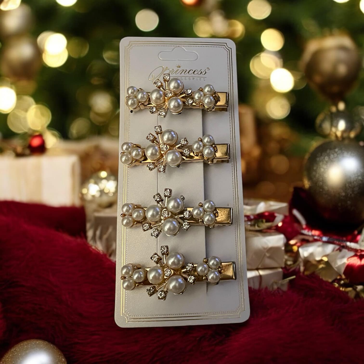 Elegant four piece pearl and rhinestone hair clip set in gold, perfect for holiday occasions.