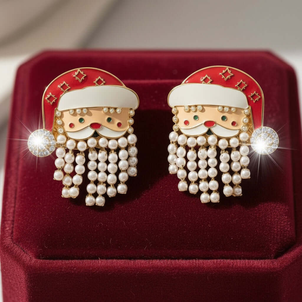 JOLLY ST NICK EARRINGS featuring a Santa face with pearls, perfect for holiday cheer and festive fashion.