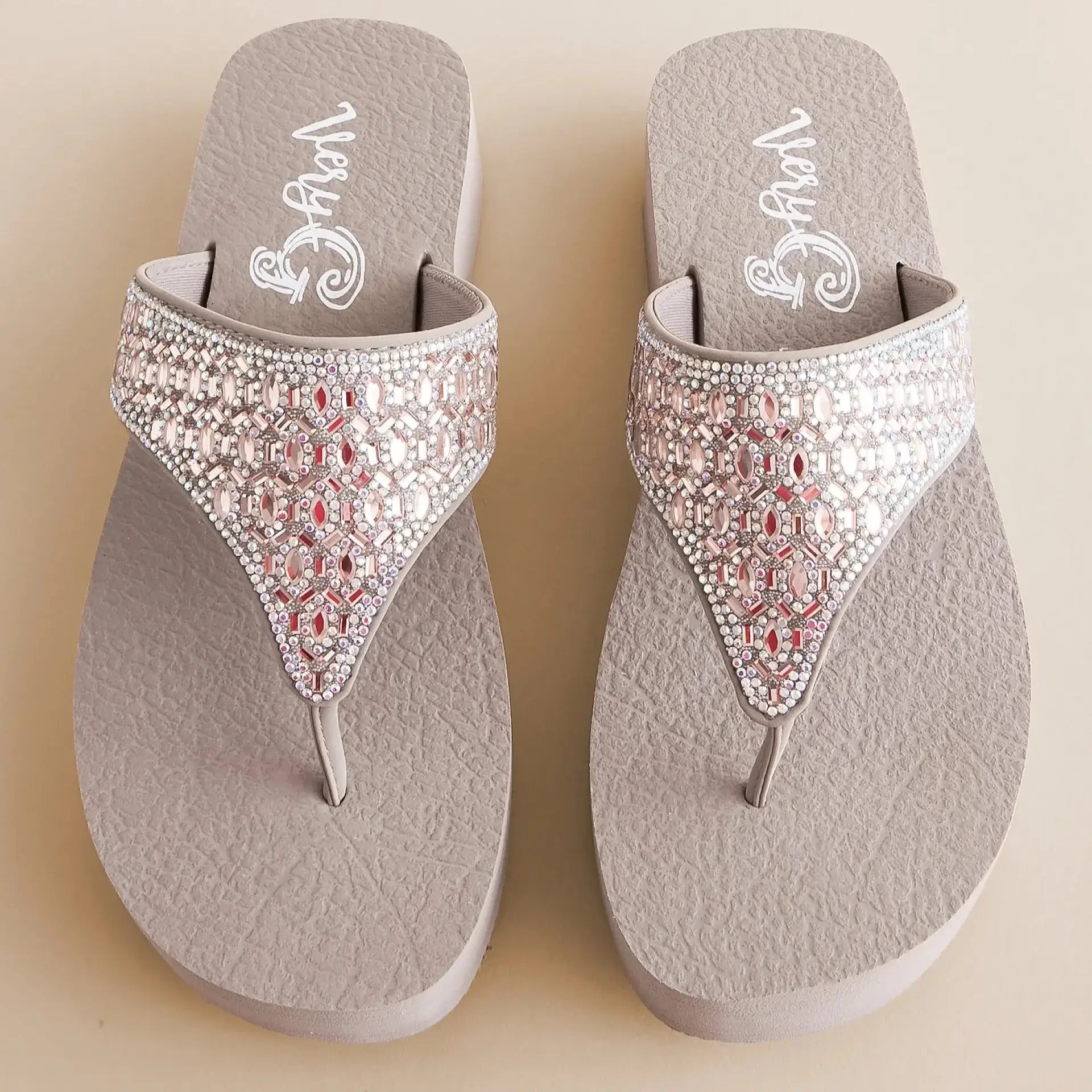 Sparkling Napoli Glitz Sandals by Very G with rhinestone-encrusted straps and cushioned footbed for comfort.