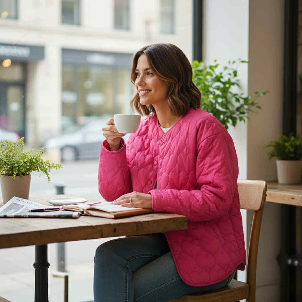 Woman enjoying coffee while wearing a SWEET TEMPO GUILTED JACKET in hot pink inside a cozy café.