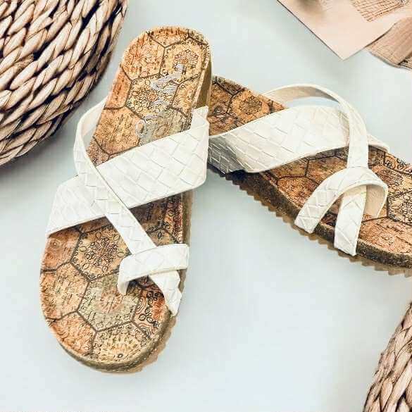 Better Be Me Sandals by Very G, woven ivory toe loop slides with crisscross vegan leather straps.