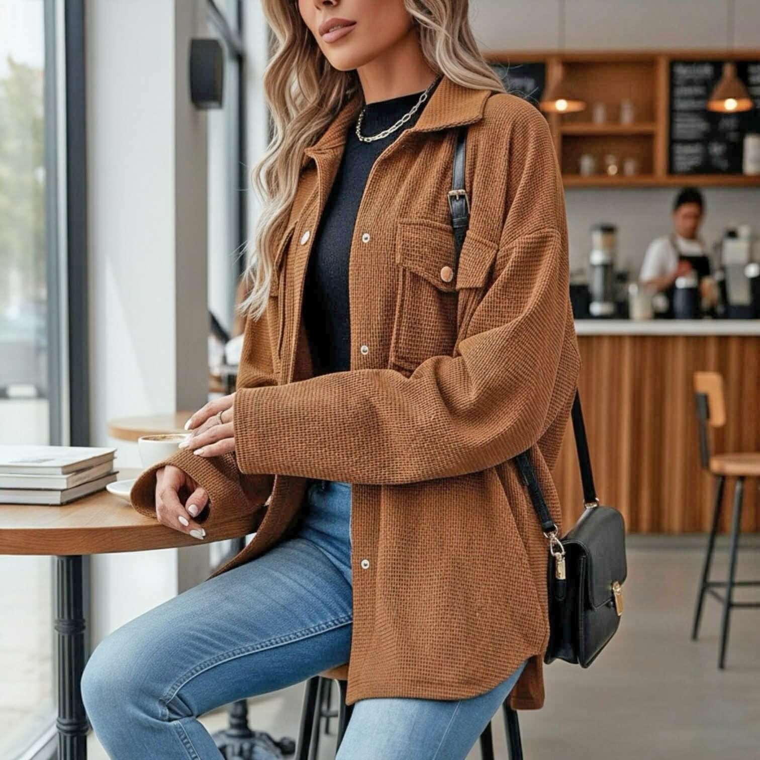 AMBER WOODS JACKET in warm cinnamon brown, featuring flap pockets and drop shoulder design for cozy autumn style.