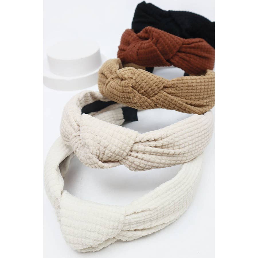 Knot Your Average Headband collection in neutral tones featuring stylish knotted top detail and waffle-textured fabric.