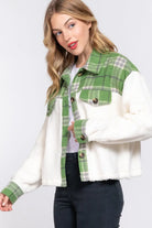 ALPINE CHARM JACKET featuring a pine green plaid flannel and sherpa design for a cozy, chic winter look.