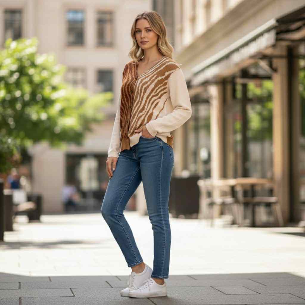 Model wearing UNTAMED AUTUMN SWEATER in a city, showcasing a cute and comfy outfit with high/low hemline.