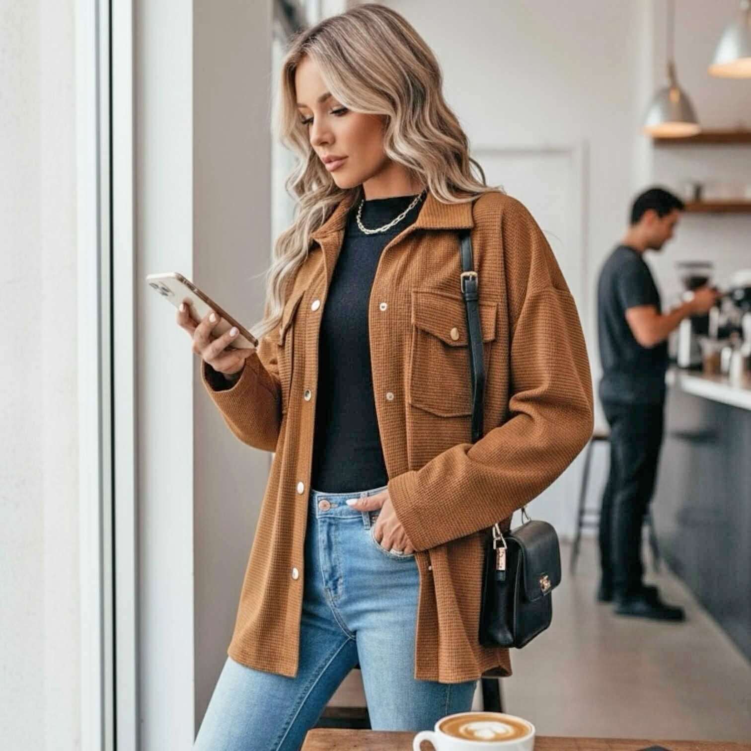 Model wearing AMBER WOODS JACKET in warm cinnamon brown, styled with jeans and a black top, holding a phone in a cafe.
