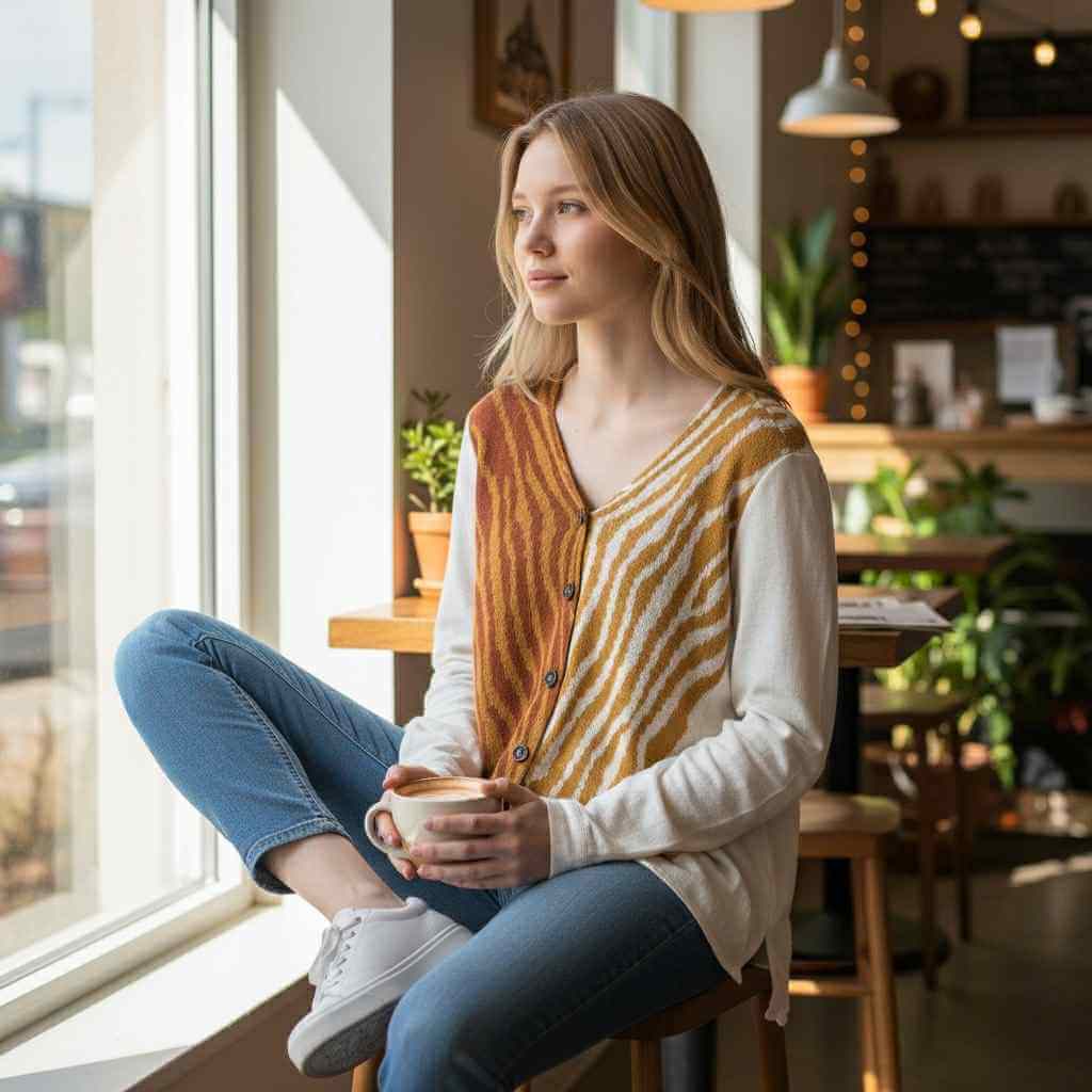Woman enjoying coffee while wearing the UNTAMED AUTUMN SWEATER with animal print design by Umgee.