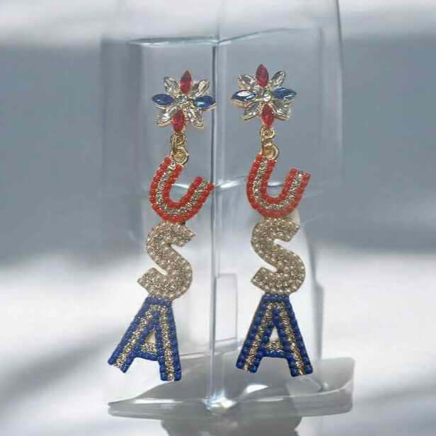 USA All The Way Earrings featuring red, white, and blue sparkle, perfect for patriotic celebrations.