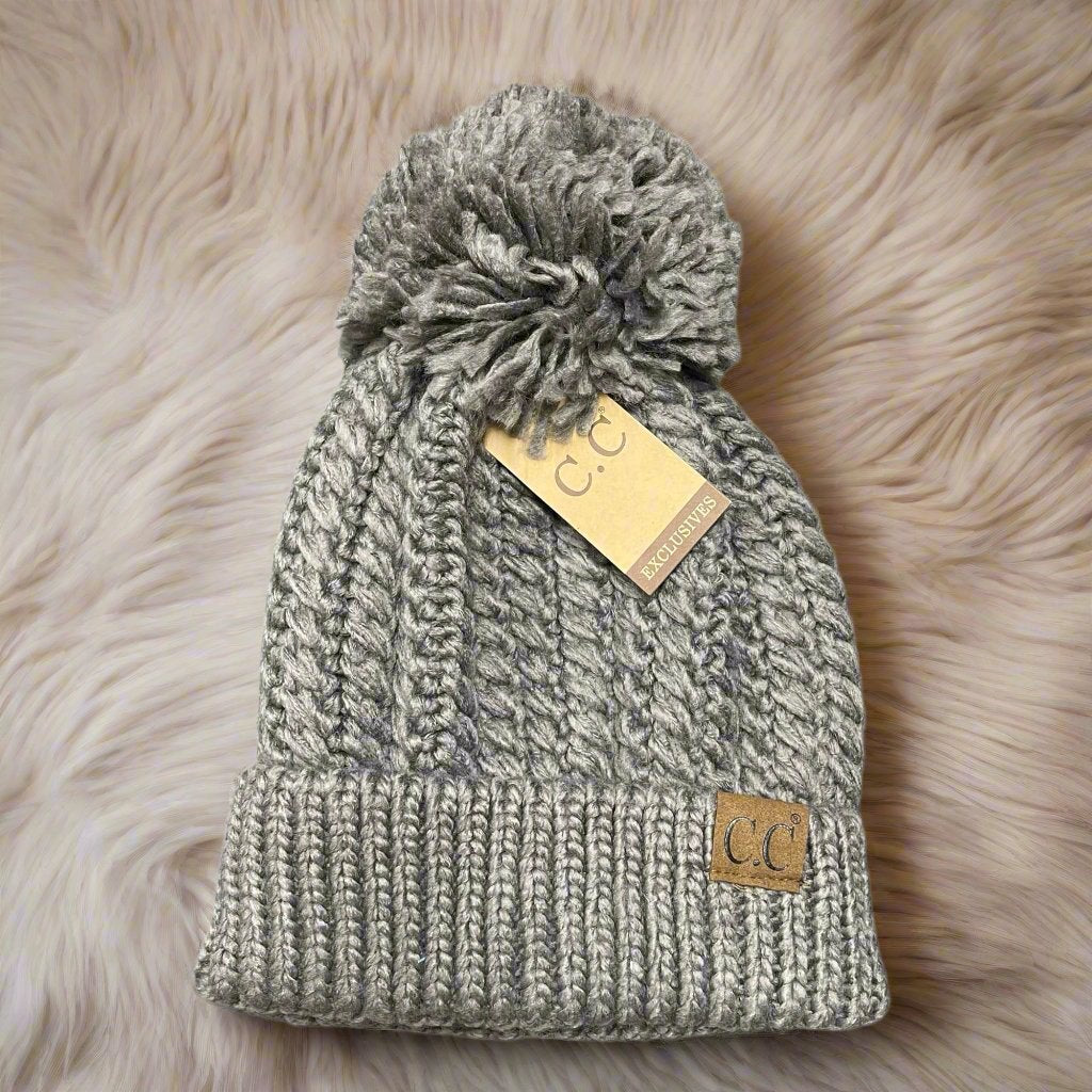 Taupe KNITTY GRITTY BEANIE by C.C. with pom pom, cable knit design, cozy winter accessory.