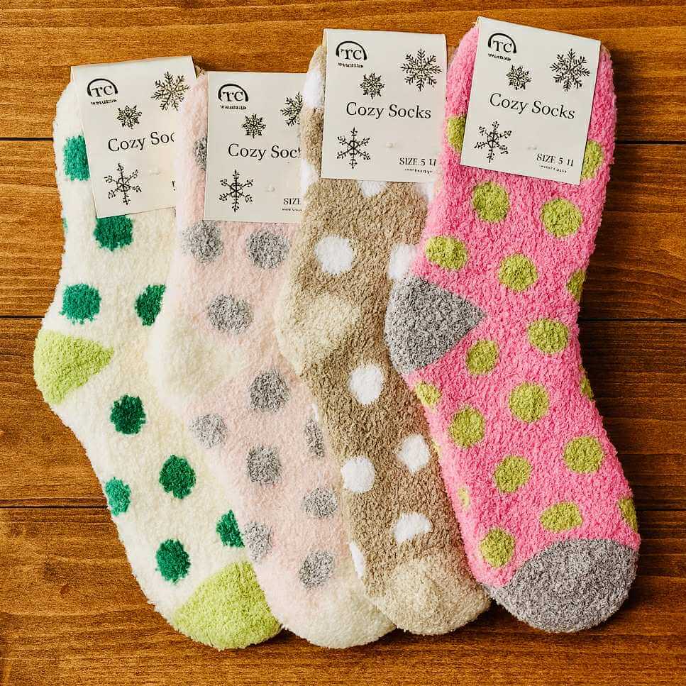 Colorful Snuggle Spot Socks in polka dot designs, perfect for cozy comfort and warmth.
