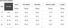 HARVEST HAVEN JACKET size chart with measurements for US sizes S to XL in inches.
