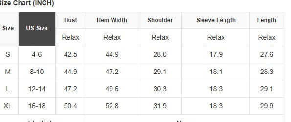HARVEST HAVEN JACKET size chart with measurements for US sizes S to XL in inches.