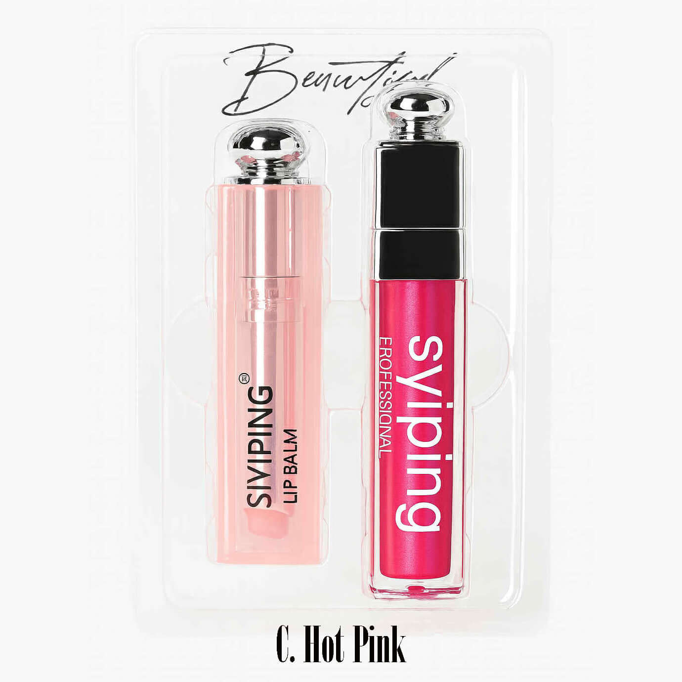 BEAUTIFUL LIPPY DUO featuring a cream lip color and clear lip balm in Hot Pink.