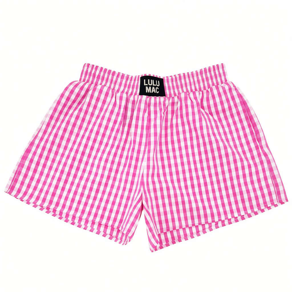 BXGH-PINK GINGHAM BOXER SHORTS in pink gingham pattern, featuring a comfortable relaxed fit and Lulu Mac branding.