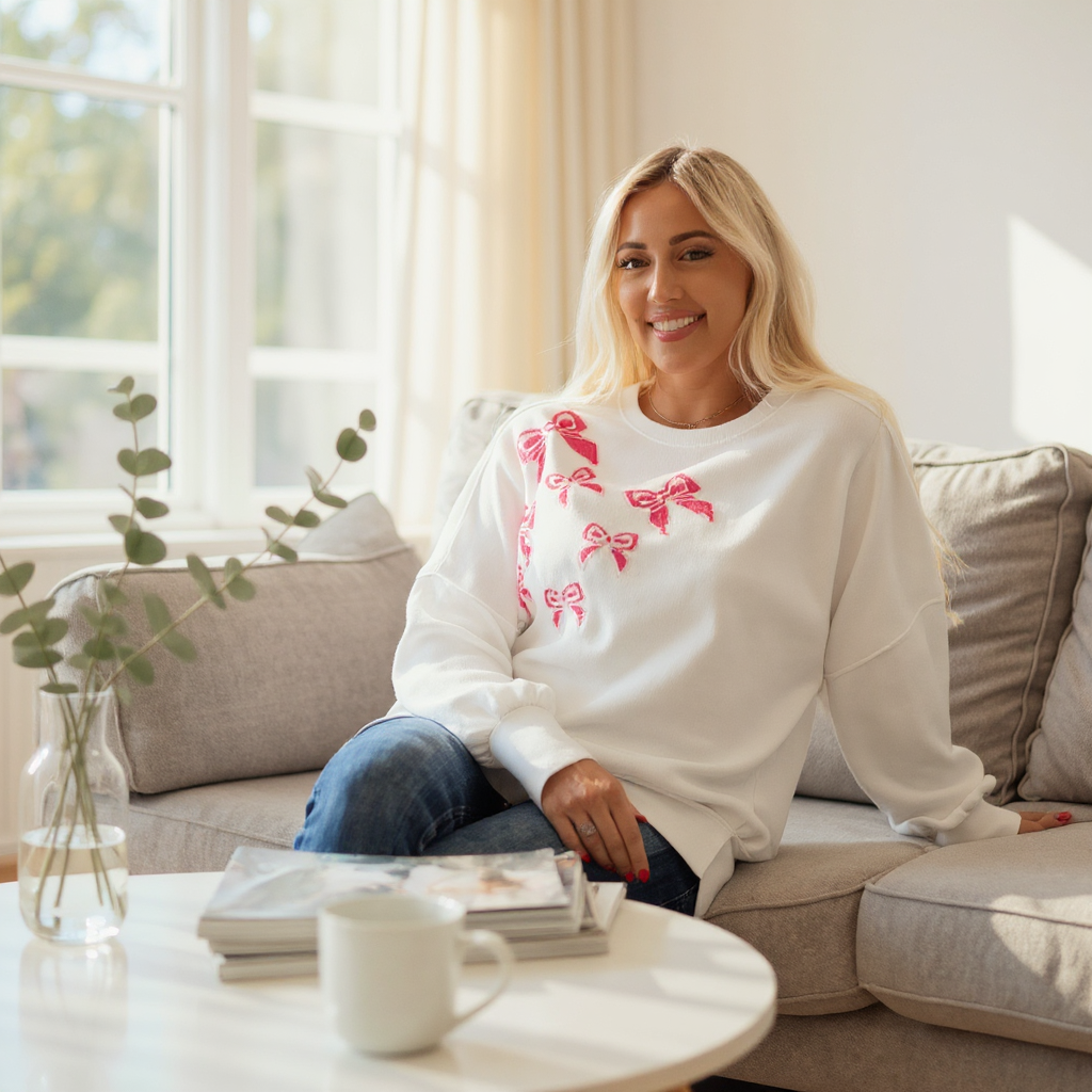 Model wearing the DARLING DETAILS TOP, a white sequin bowknot oversized sweatshirt, sitting on a cozy couch.