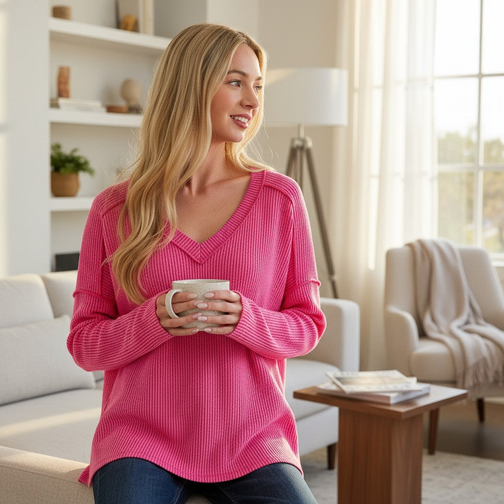 Woman wearing COZY CONCEPTS RIBBED TOP (hot pink) while holding a mug in a cozy living room.