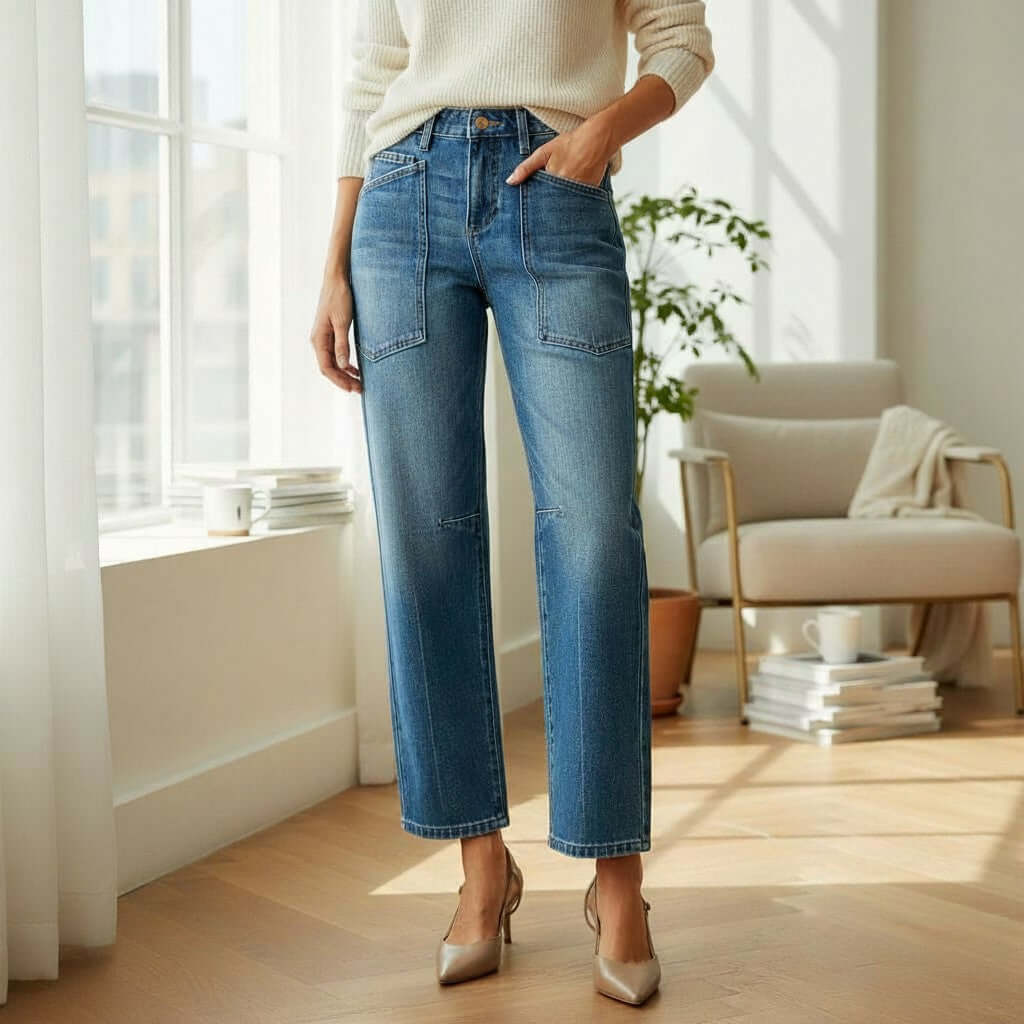 Woman wearing ELLA-KATE BARREL JEANS by Risen, featuring mid-rise and stylish patch pockets in a bright room.