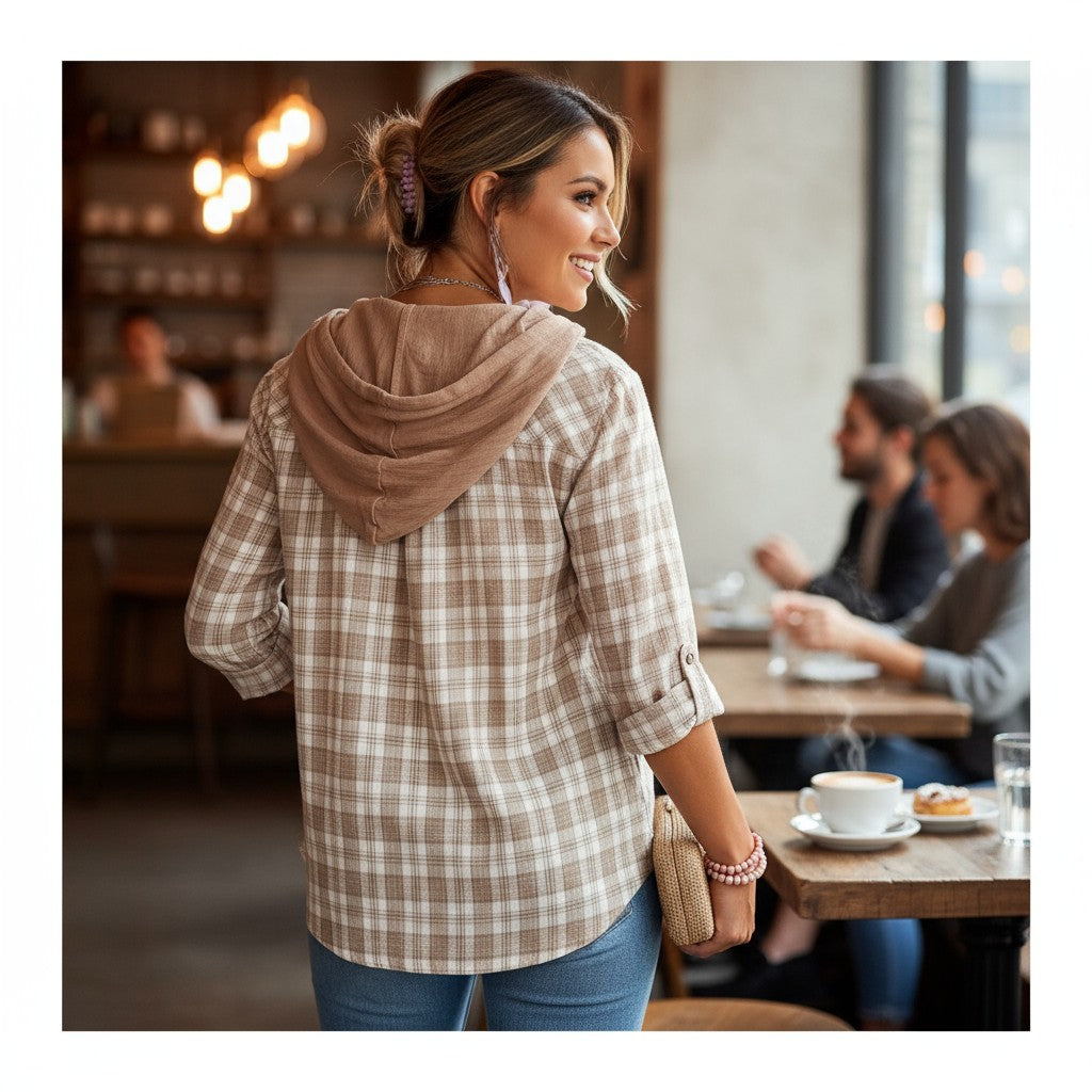 DRIFTWOOD DAYS BUTTON DOWN – Khaki checkered print hooded shacket, perfect for layering and casual outings.