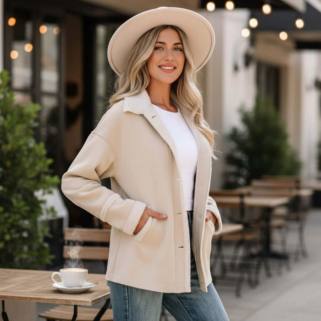 Woman wearing a CAFE CREAM SUEDE JACKET with a hat, enjoying coffee outdoors in a stylish setting.