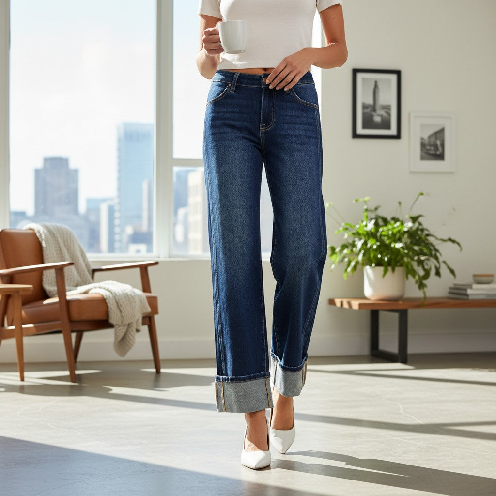 CHARLEIGH JEANS by Risen model showcasing mid-rise dark wash cuffed wide-leg jeans in a stylish interior.