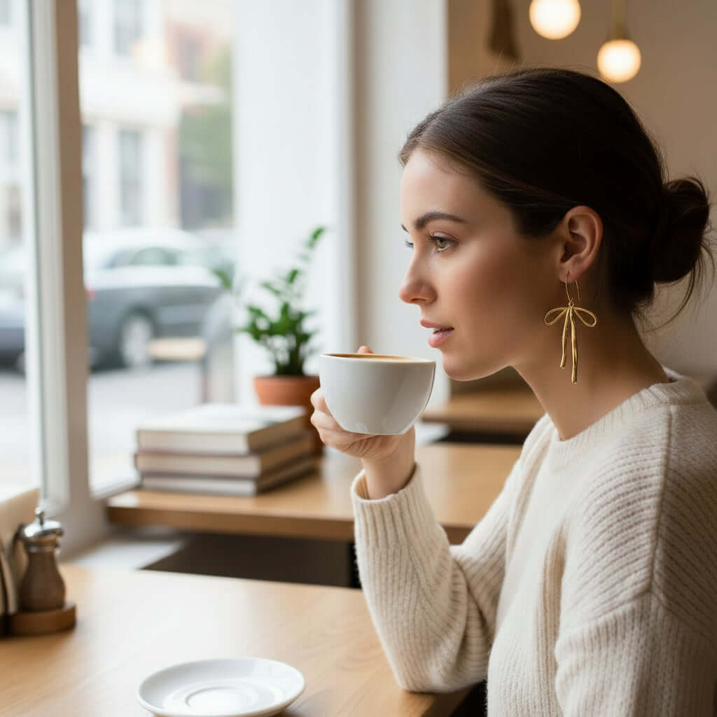 Woman enjoying coffee while wearing REFINED RIBBON EARRINGS, highlighting the jewelry's elegant design.